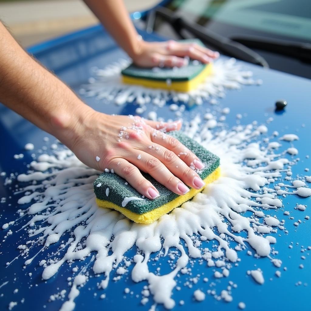 Incorrect car washing technique leading to swirl marks and scratches.