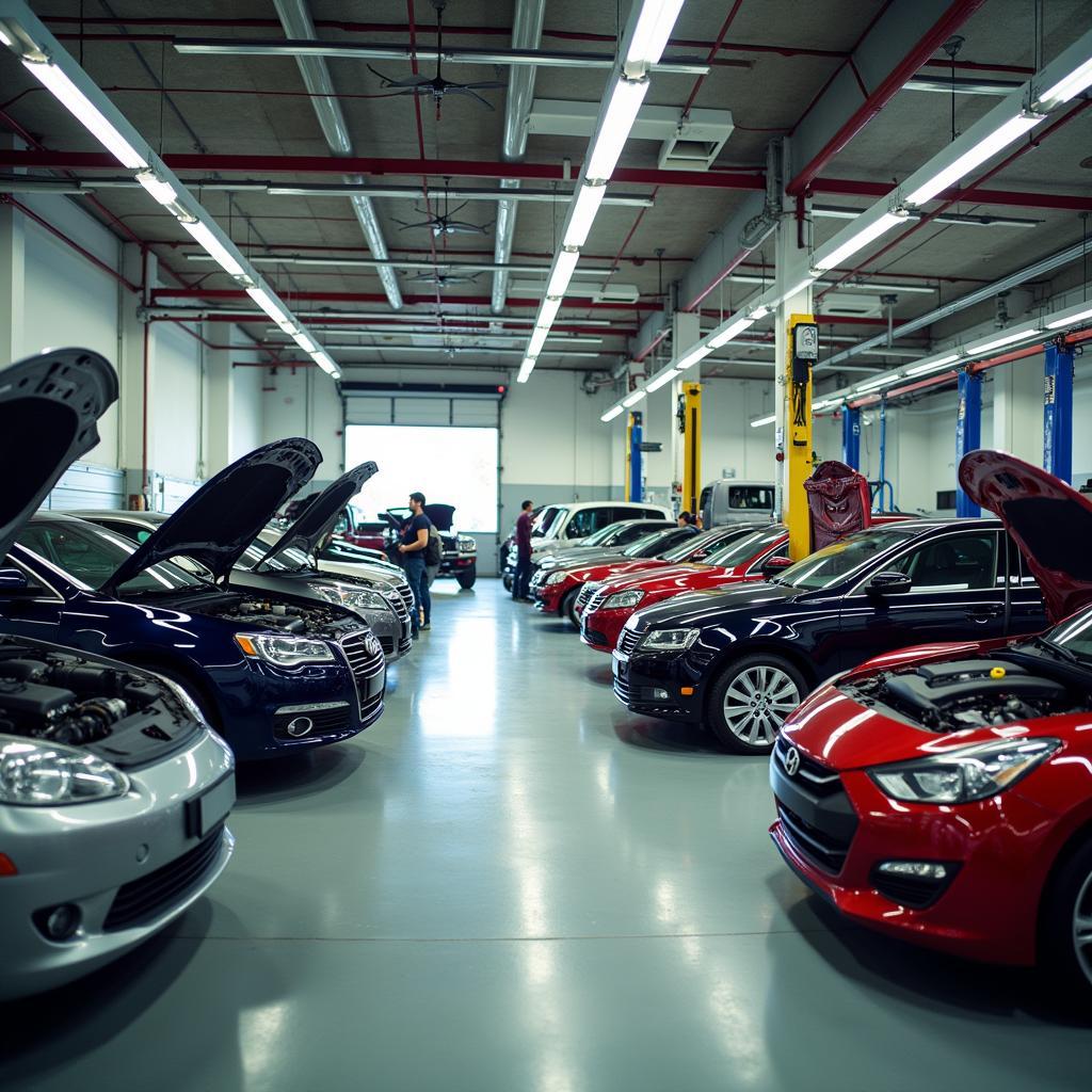 Busy Independent Car Service Garage with Mechanics Servicing Various Makes and Models