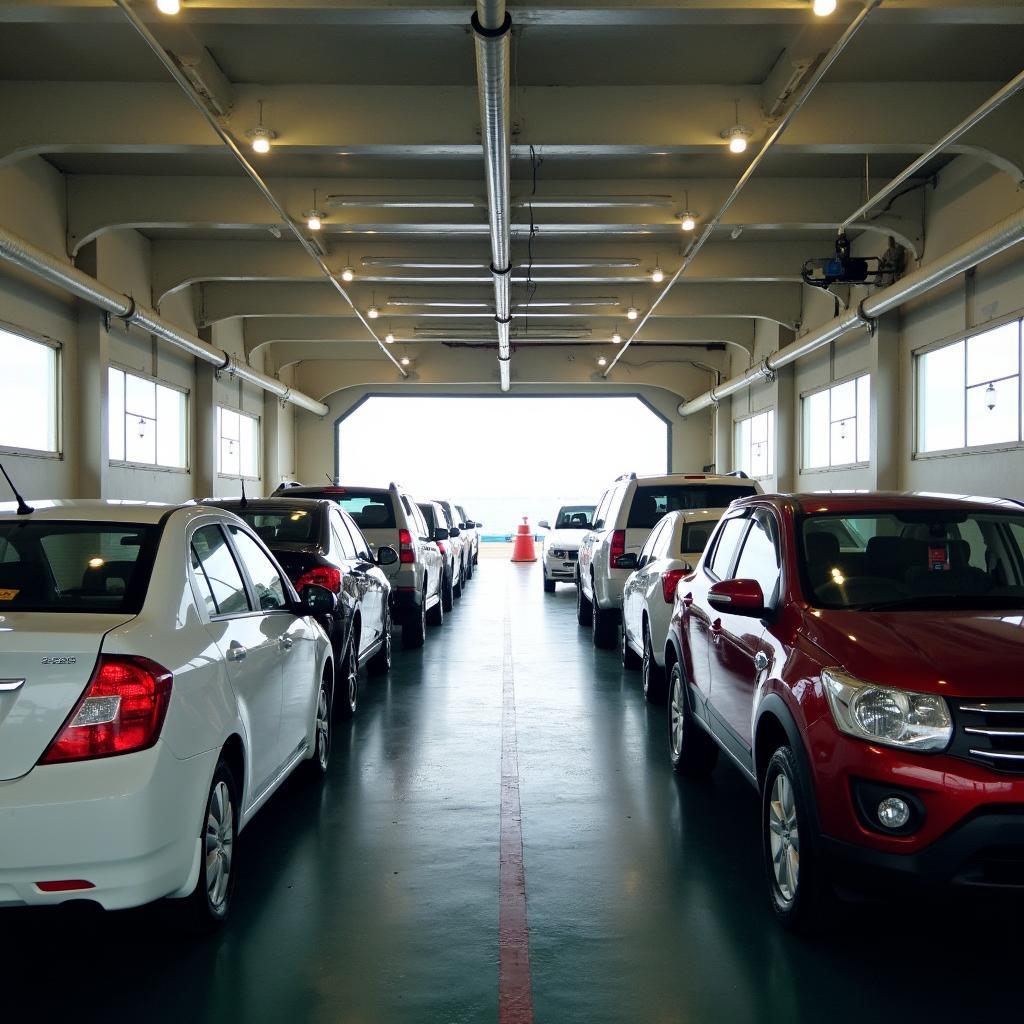 Spacious car deck inside the Gujarat Ro-Ro Ferry