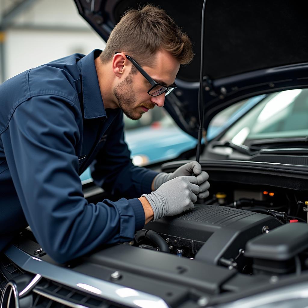 John's Great Cars Service Center technician performing preventative maintenance on a vehicle.