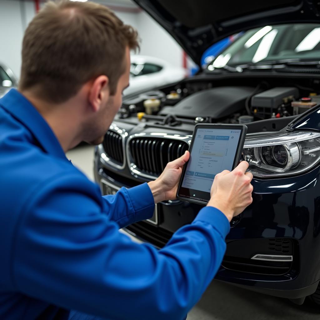 Skilled Technician Performing Car Diagnostics at Kaushambi Service Centre