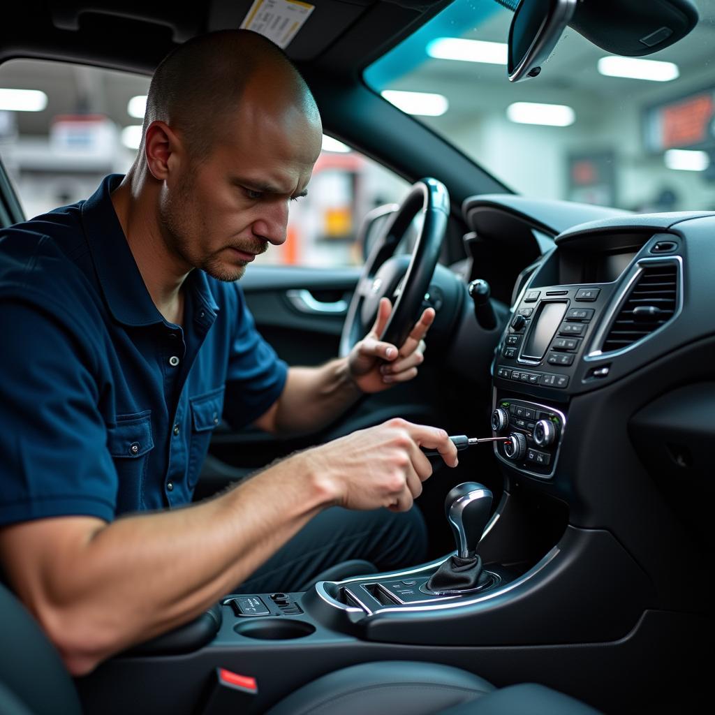 Kenwood car audio system being repaired by a technician