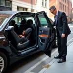 Limo service vehicle equipped with a car seat