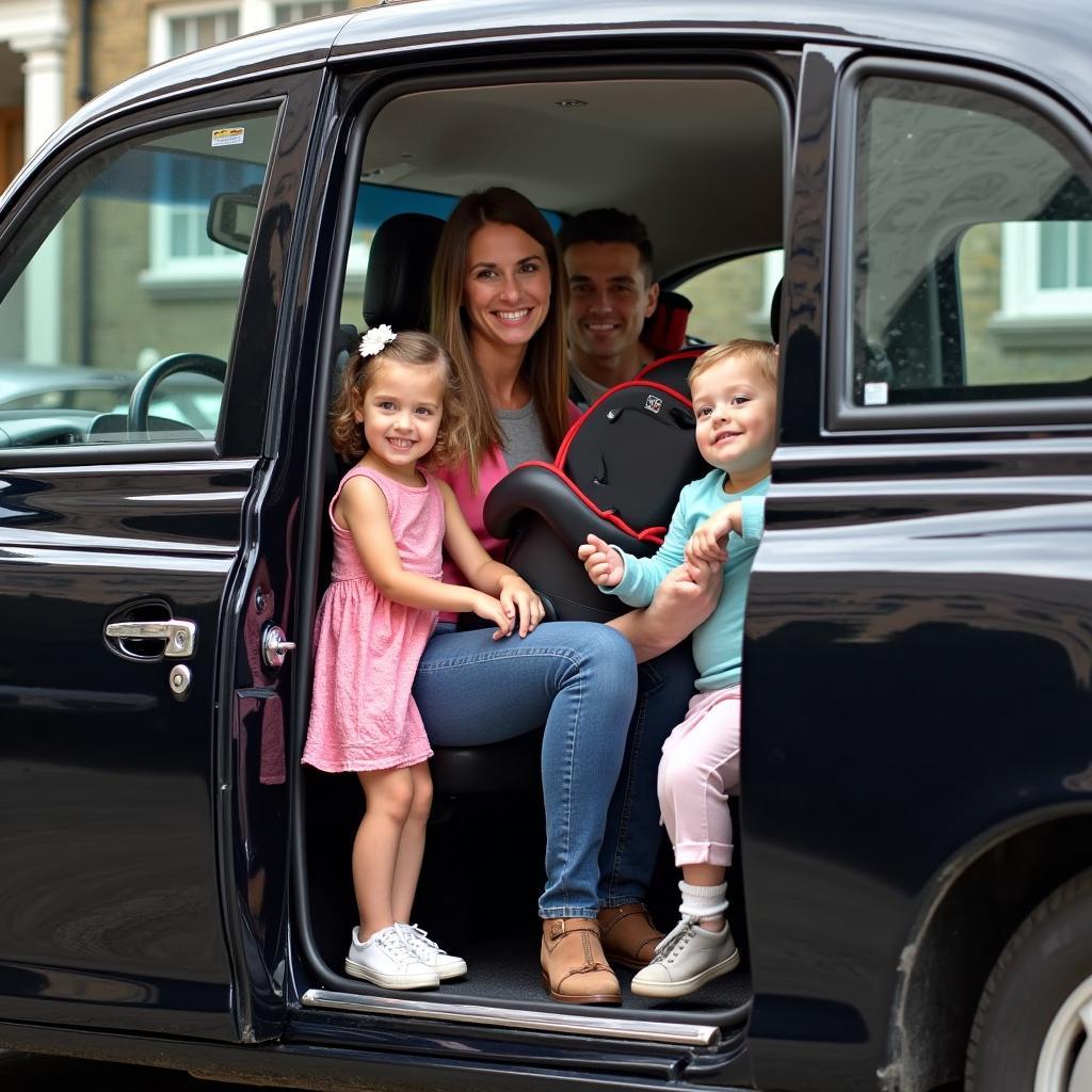 A family of four exiting a classic London black cab, with a visible child seat installed inside