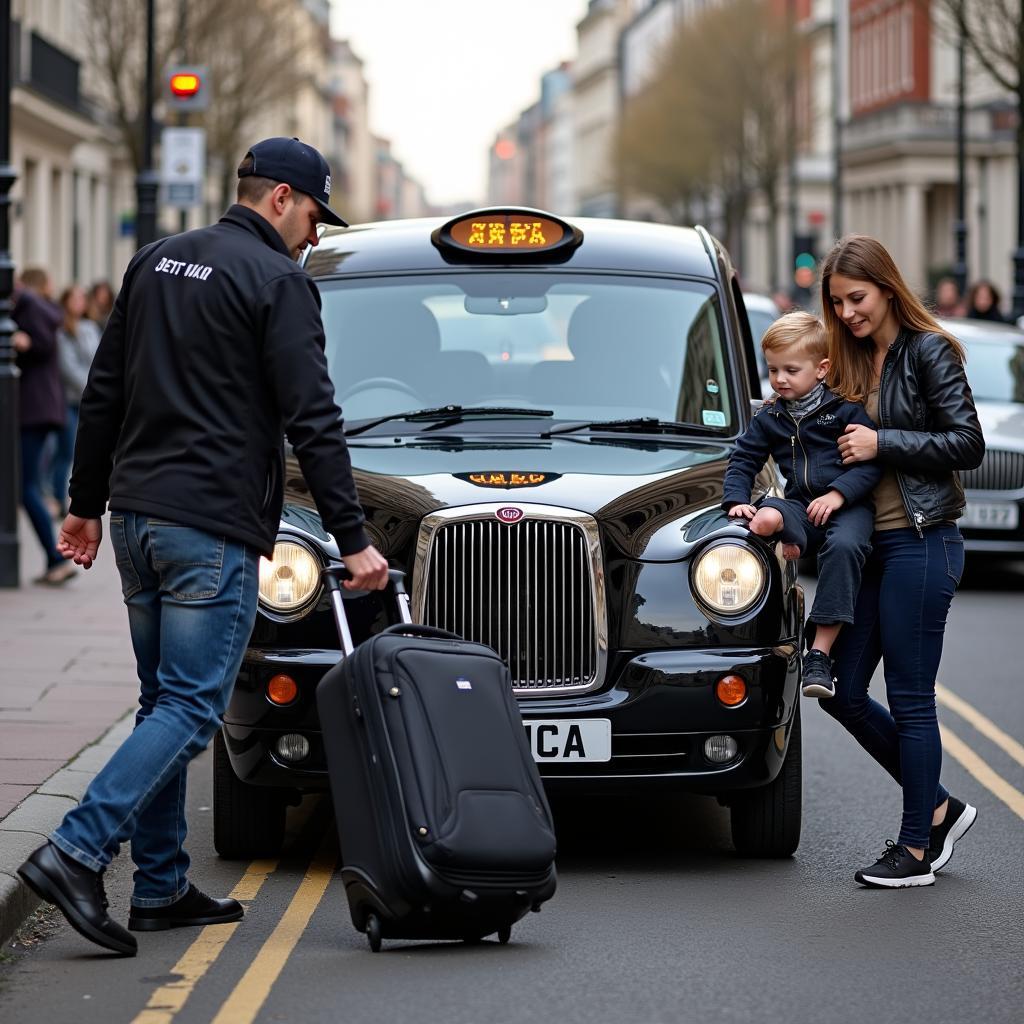 A friendly London taxi driver assisting a family with their luggage and securing a child in a car seat