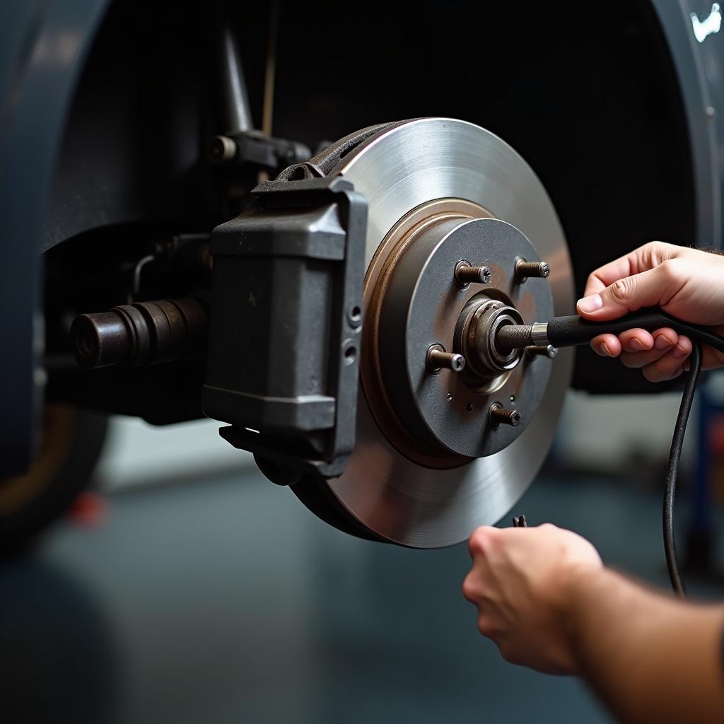  A mechanic in a Los Angeles auto shop inspects the brakes of a vehicle.