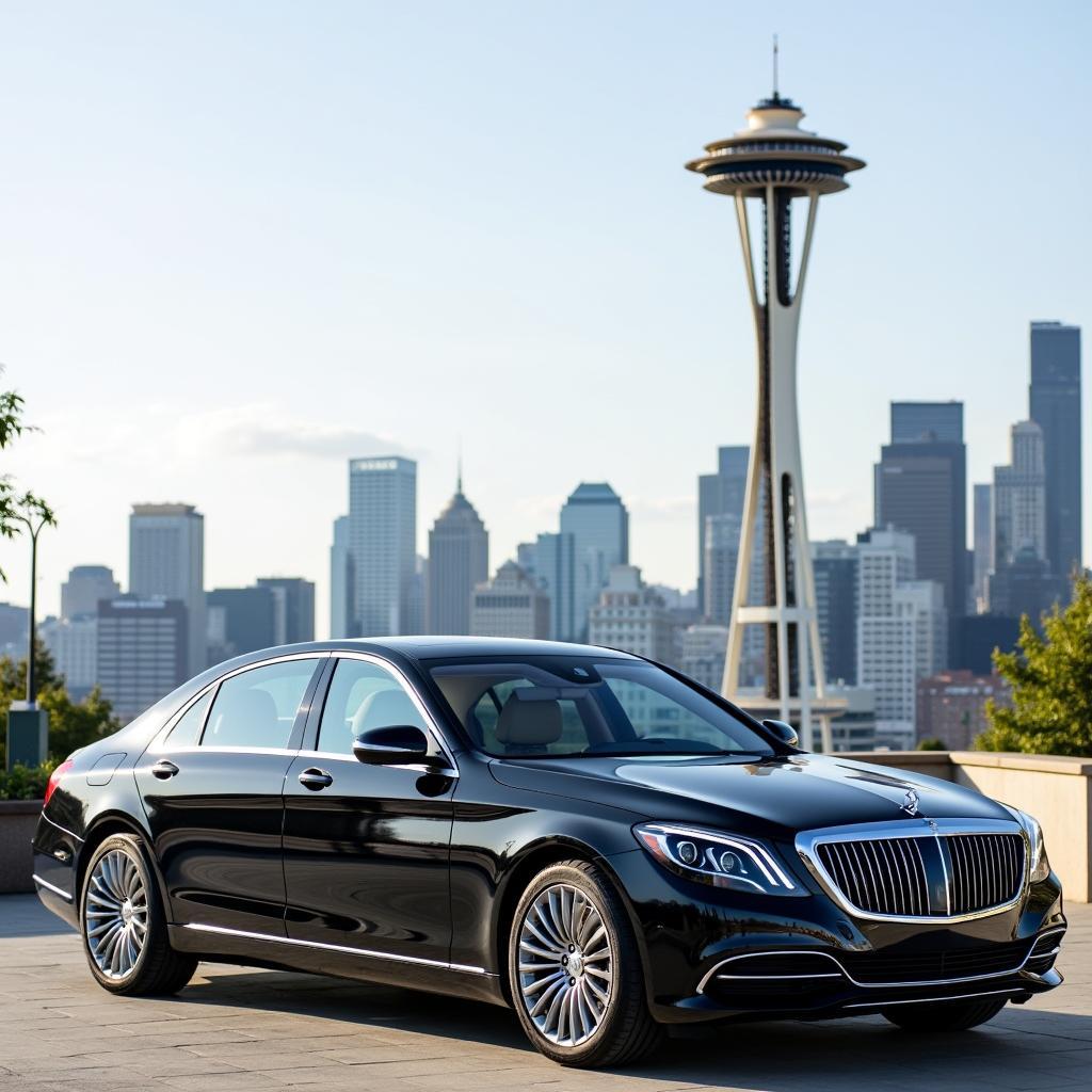 A luxury car parked in front of the Space Needle