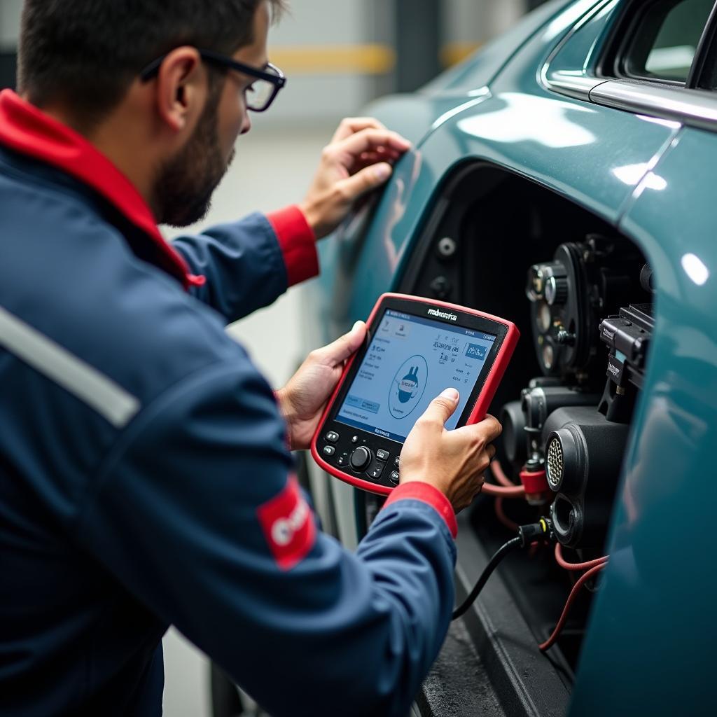 Mahindra EV Technician using Diagnostic Tool