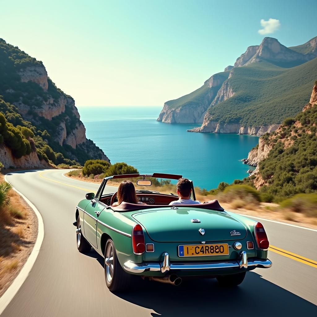 Convertible car driving along a scenic coastal road in Mallorca 