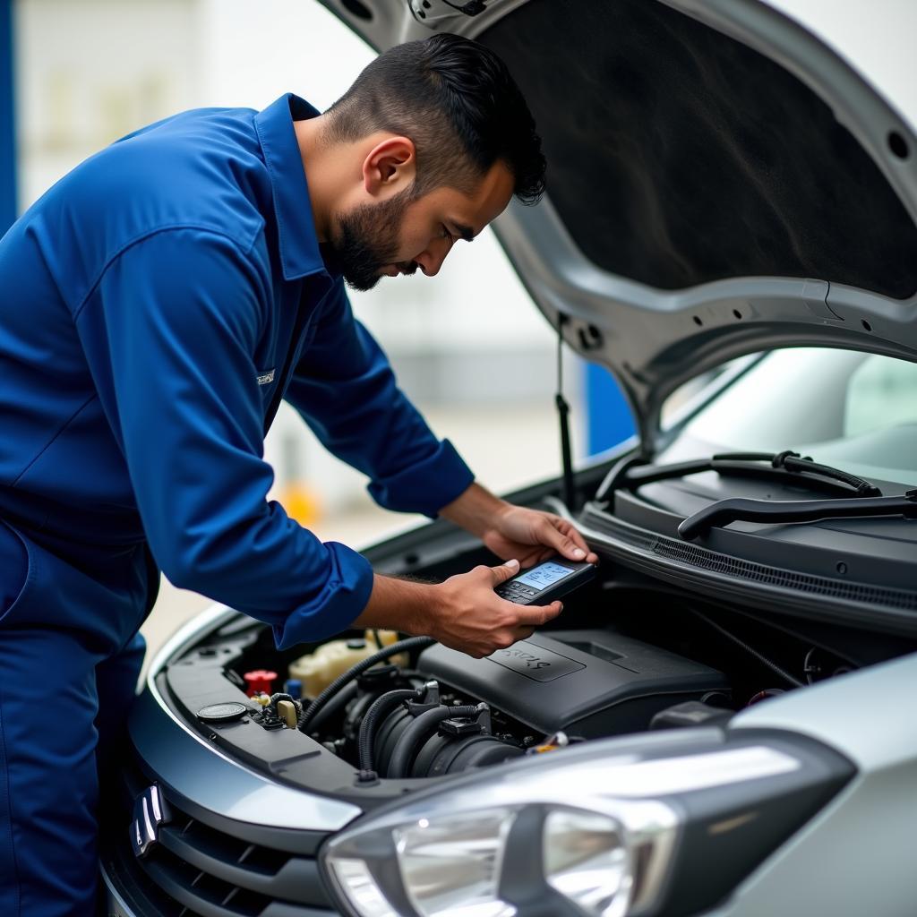 Mechanic using a diagnostic tool on a Maruti car