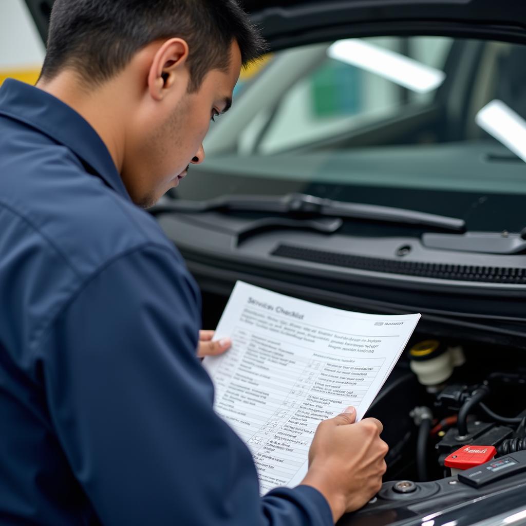 Maruti car service checklist being reviewed by a technician.