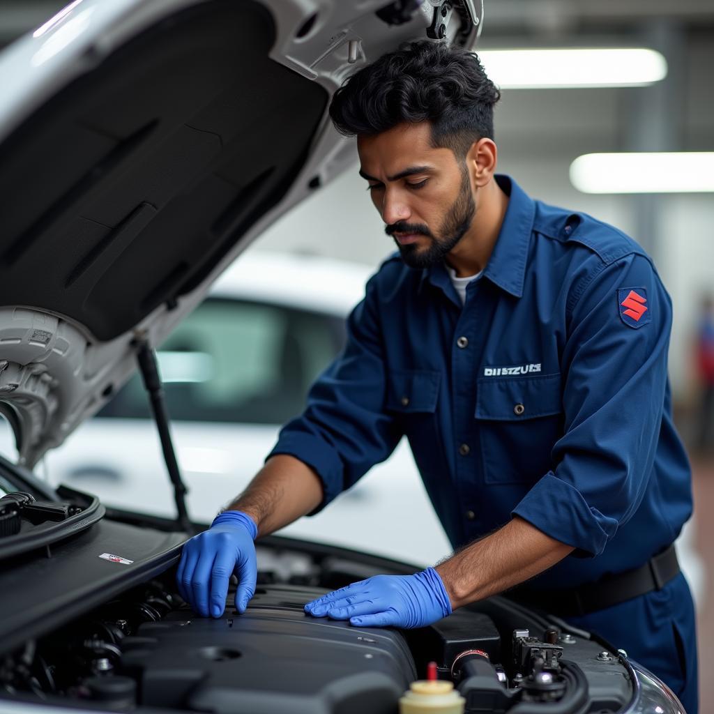 Mechanic inspecting a Maruti Suzuki engine during a service