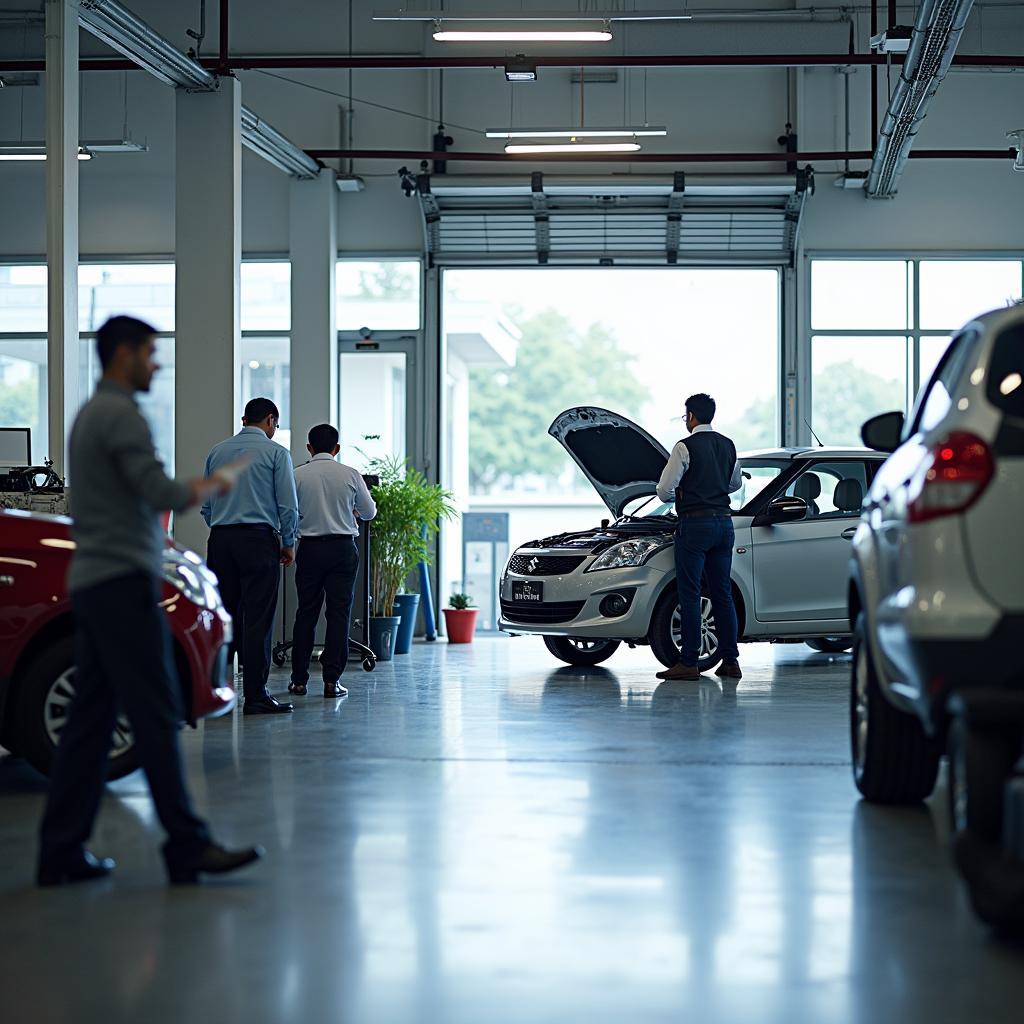 Maruti Suzuki car service centre in a bustling South Delhi neighbourhood