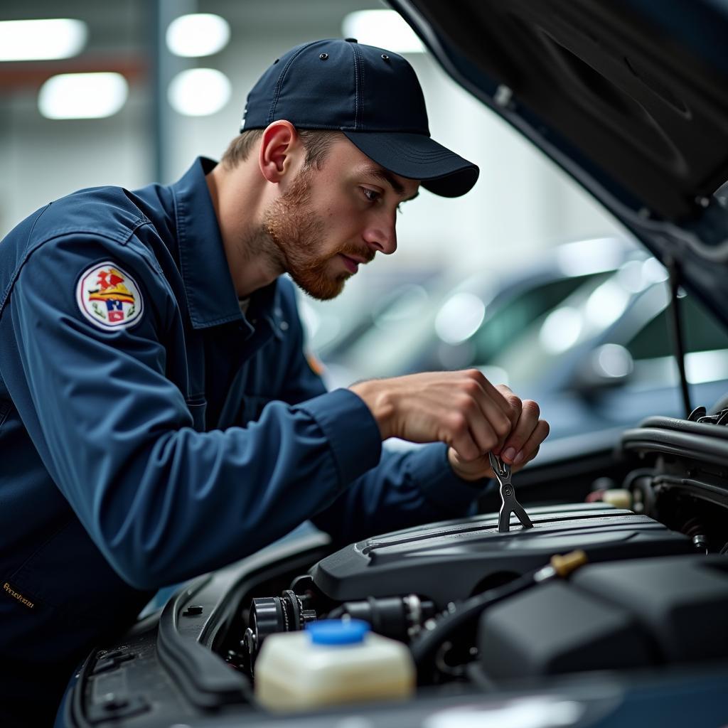 A Maruti Suzuki certified technician working on a car engine