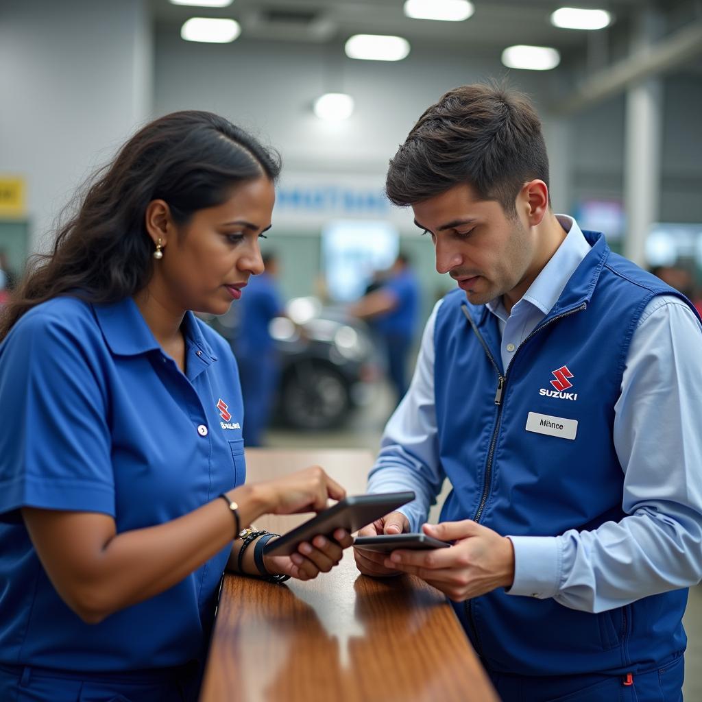 Service advisor discussing car service with a customer in Adyar