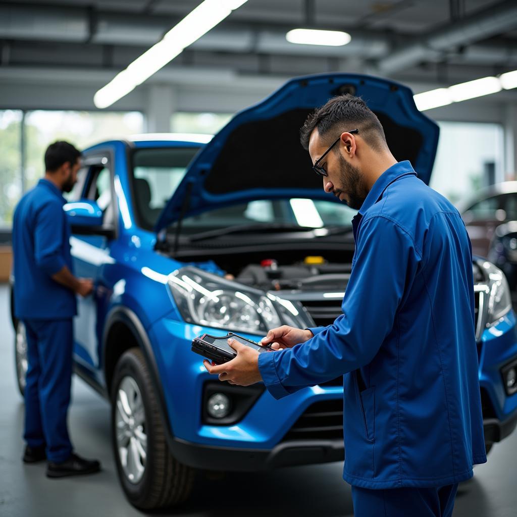 Maruti Suzuki service centre in Mumbai with technicians working on a car