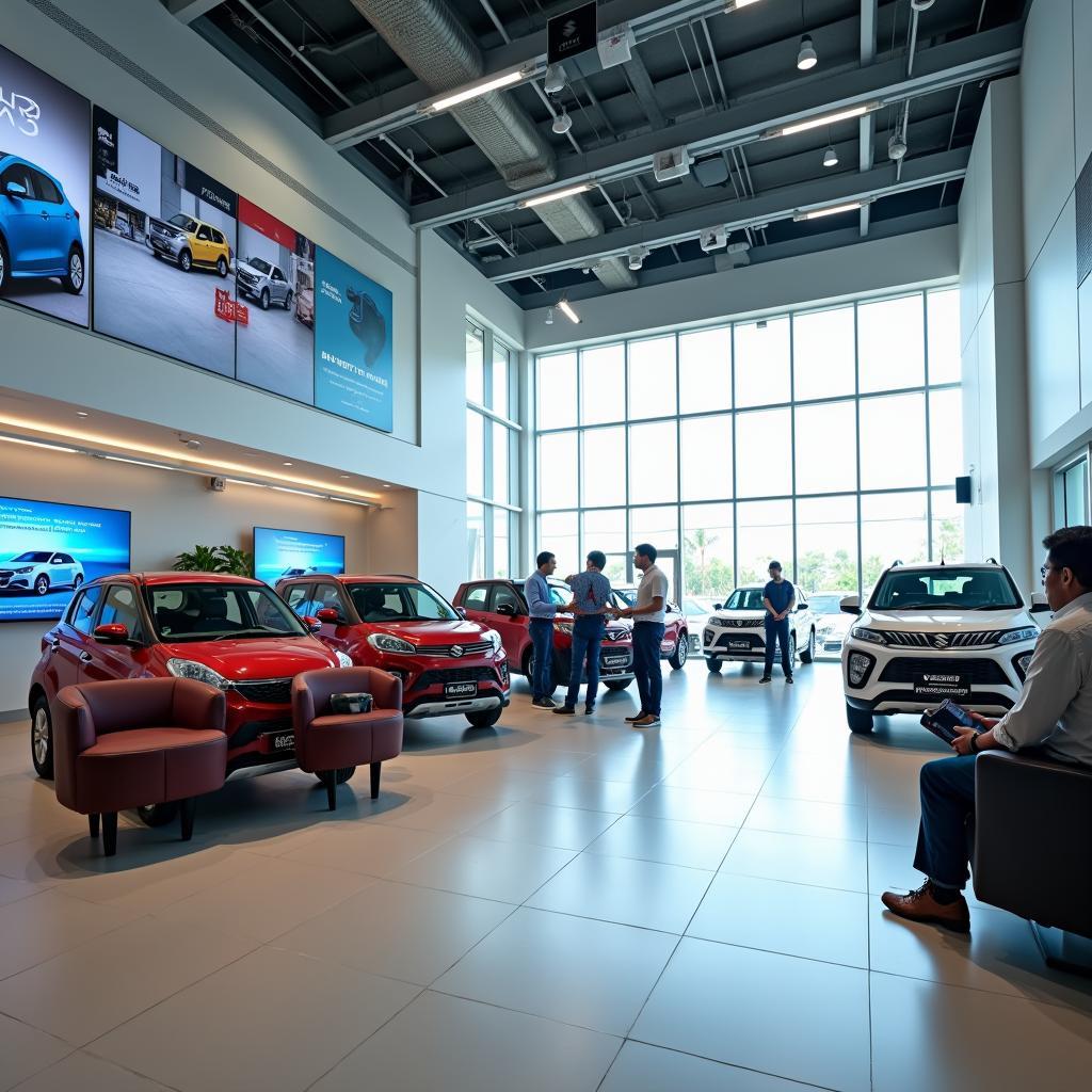 Modern and welcoming reception area at a Maruti Suzuki car service showroom