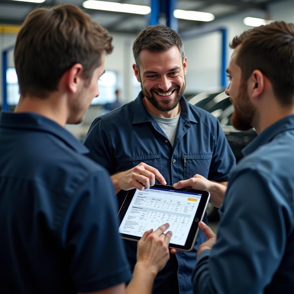 Mechanic explaining car service to a customer