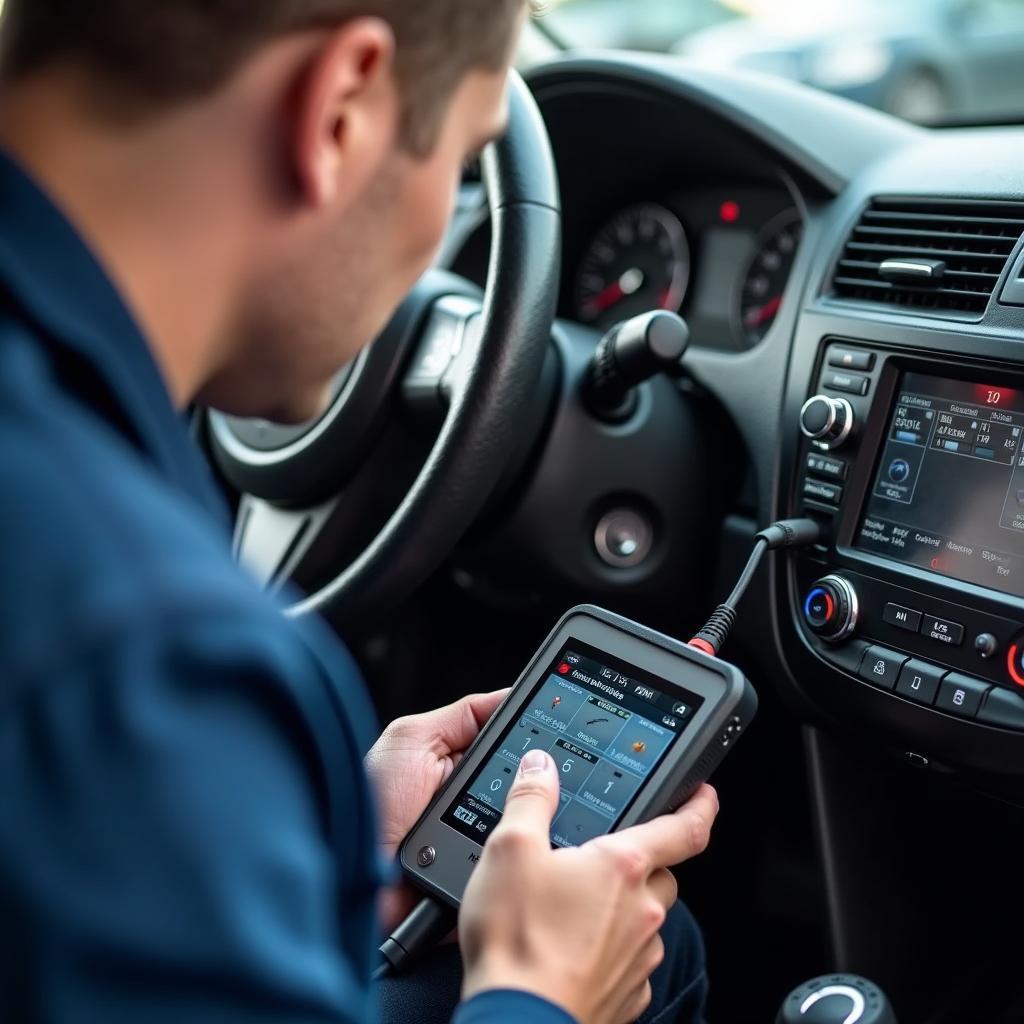 Mechanic Checking Car AC System with Diagnostic Tool