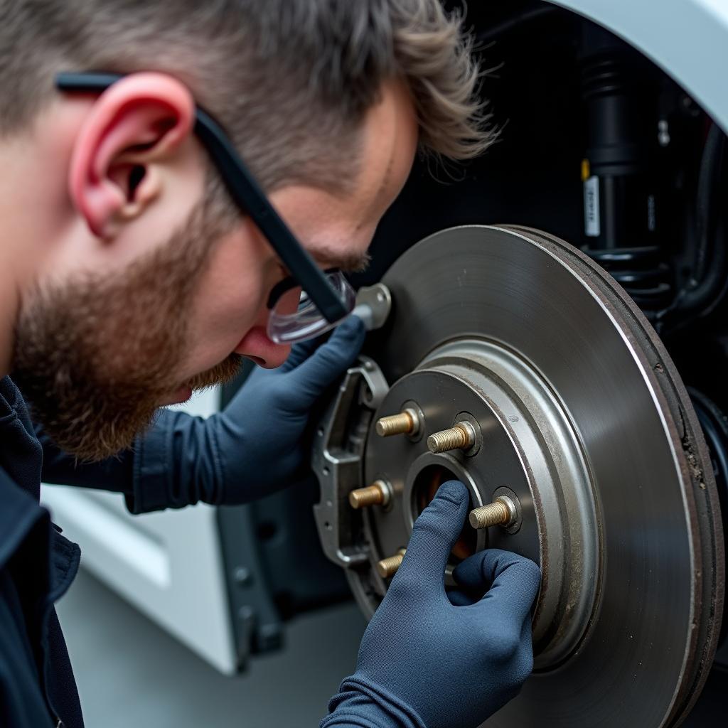 Mechanic inspecting brake fluid reservoir in a car