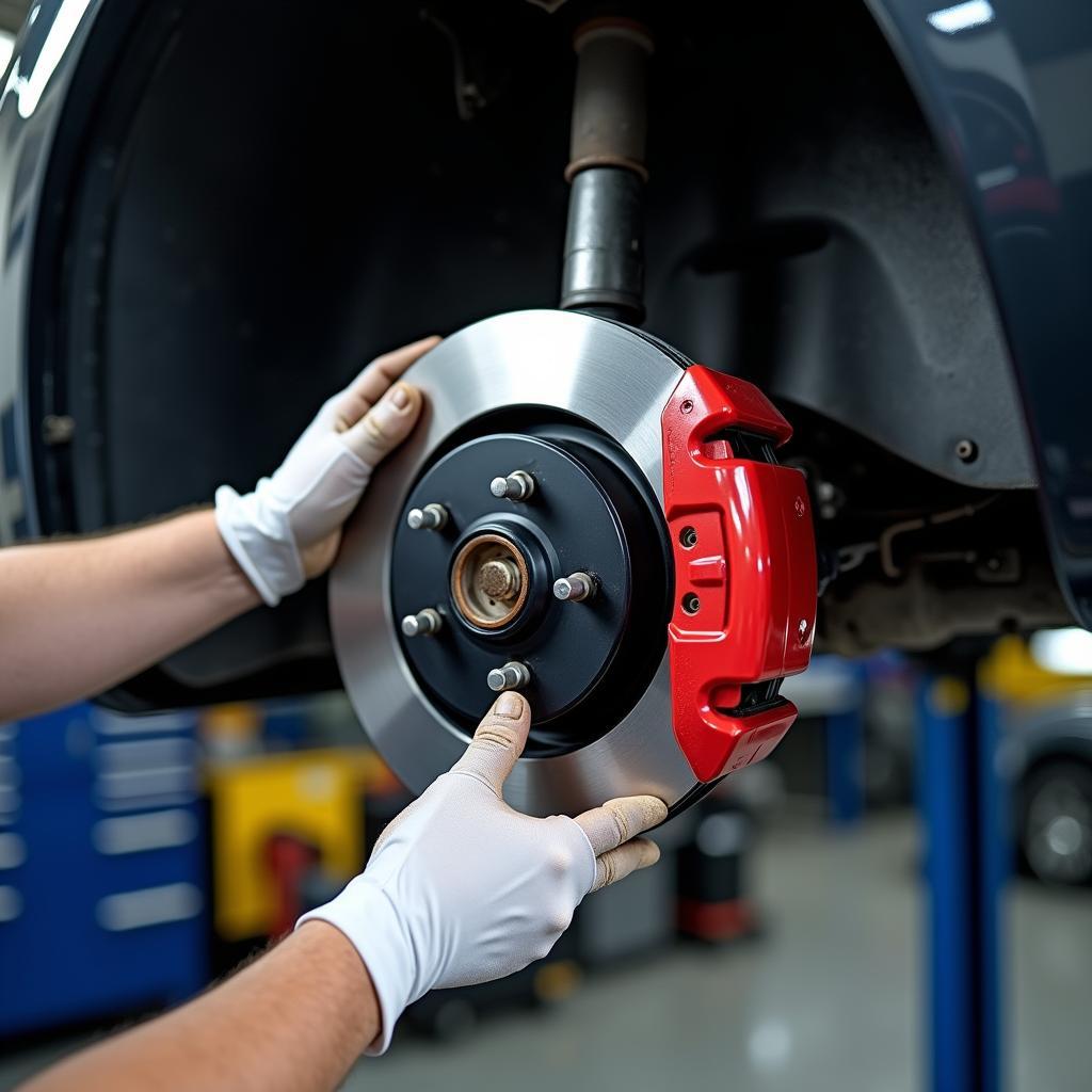 Mechanic Inspecting Car Brakes during Service