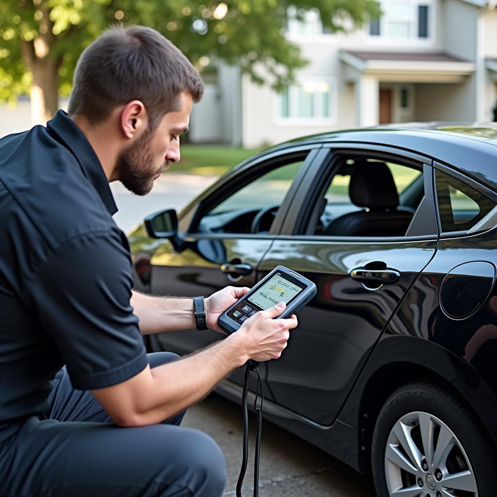 Mechanic Diagnosing a Car Problem with a Diagnostic Tool