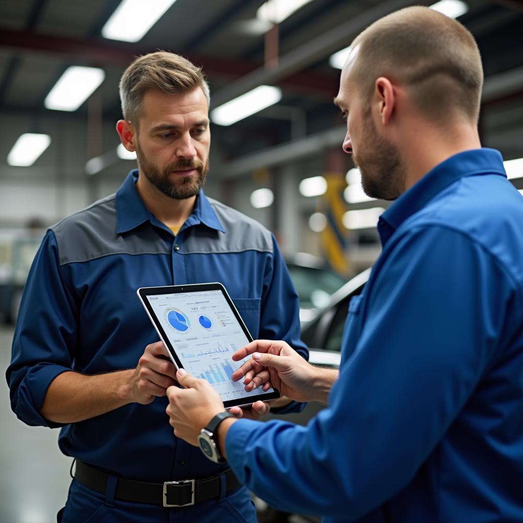 Mechanic explaining a car issue to a customer