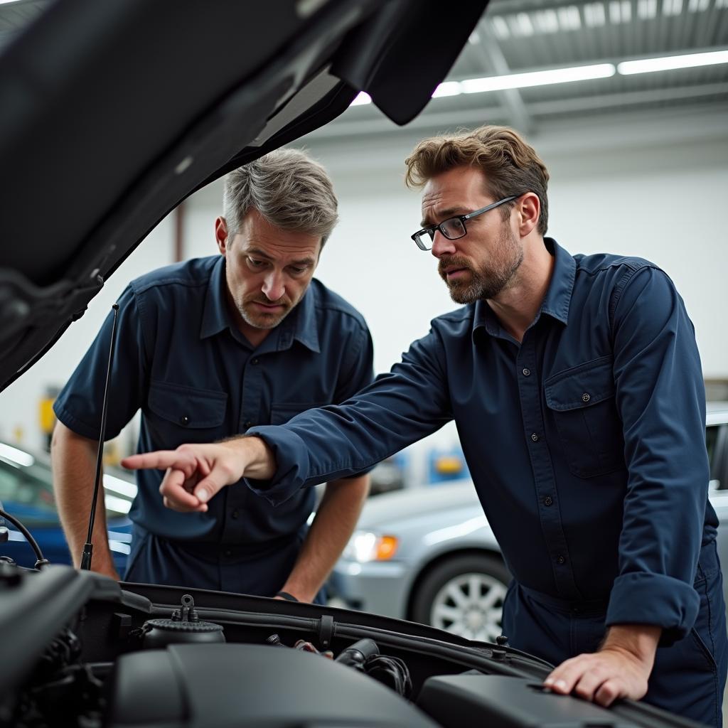 Mechanic explaining car issues to a customer