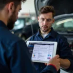 Mechanic explaining car issues to a car owner