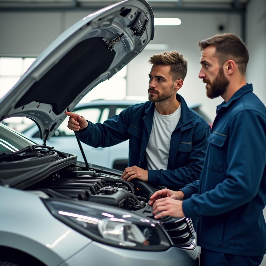 Mechanic explaining car repair to a customer