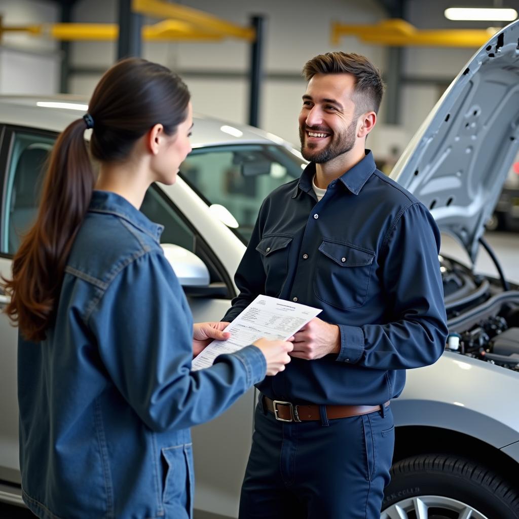 Mechanic explaining car repair invoice to a customer