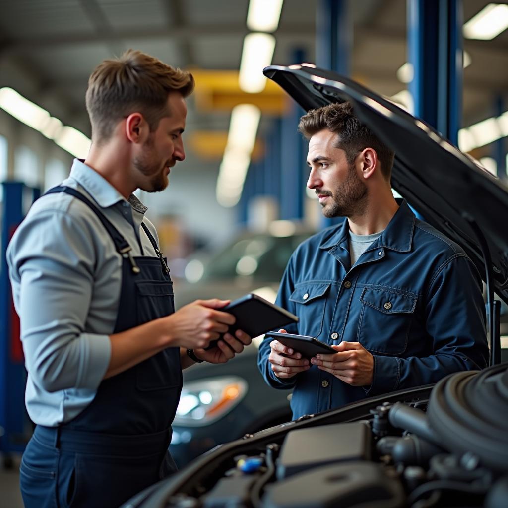 Mechanic Explaining Car Repair to Customer in an Independent Garage