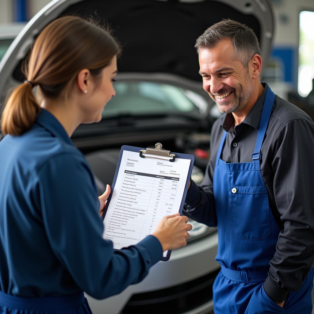 Mechanic explaining car service invoice to a car owner