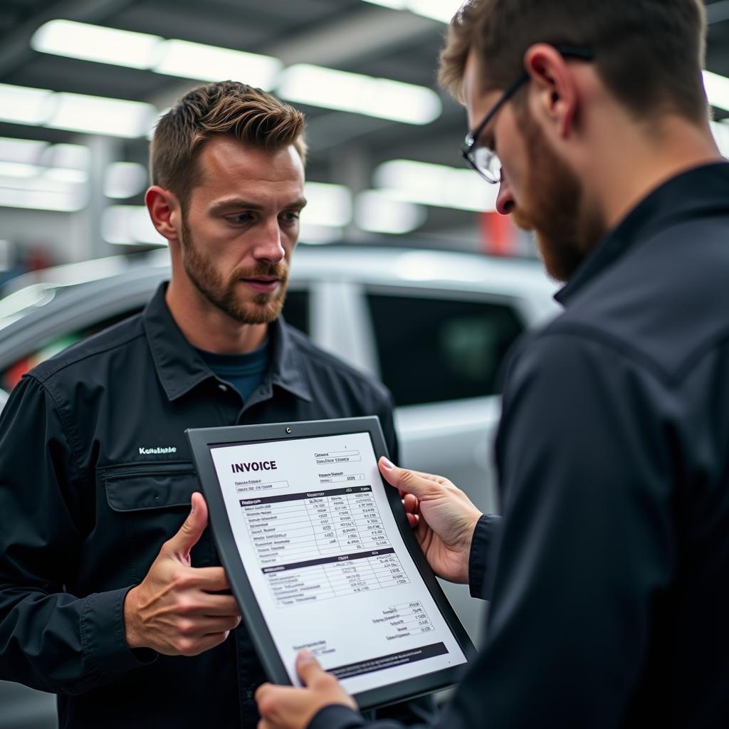 Mechanic Explaining Luxury Car Service to Owner