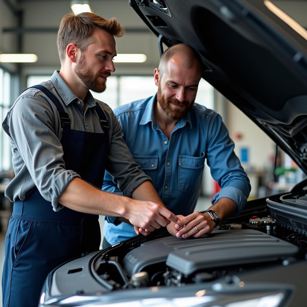 Mechanic explaining car repairs to a customer