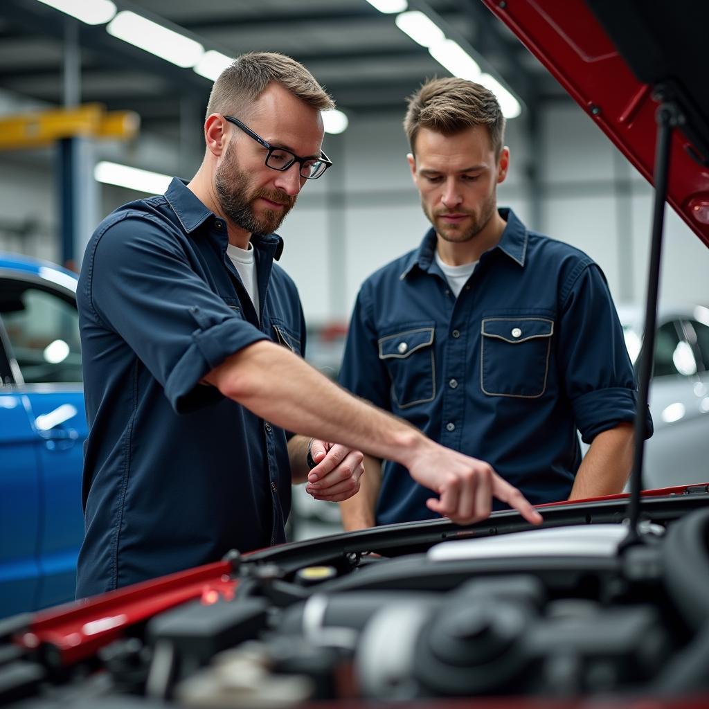 Mechanic explaining repairs to a sports car owner.