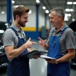 Mechanic explaining taxes and fees to a customer