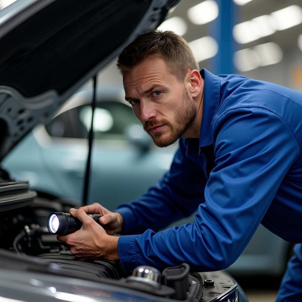 Mechanic inspecting a car in a garage