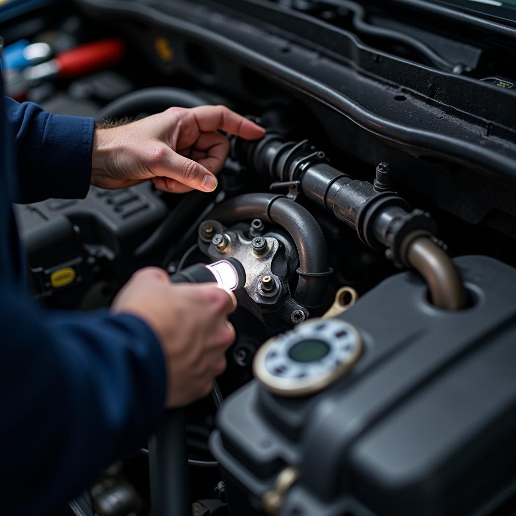 Mechanic Inspecting Car AC System