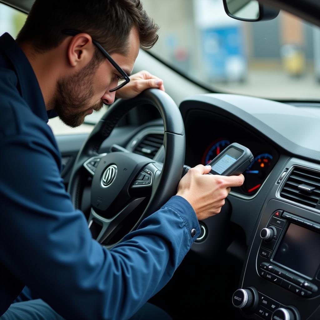 Mechanic Inspecting Car Dashboard