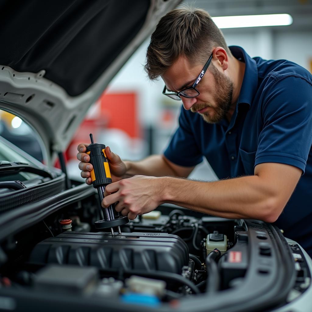 Mechanic Inspecting Car Engine 