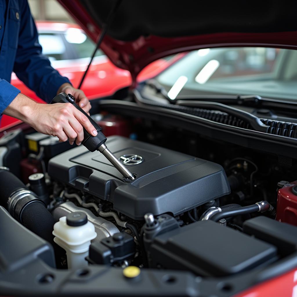 Mechanic inspecting a Toyota engine