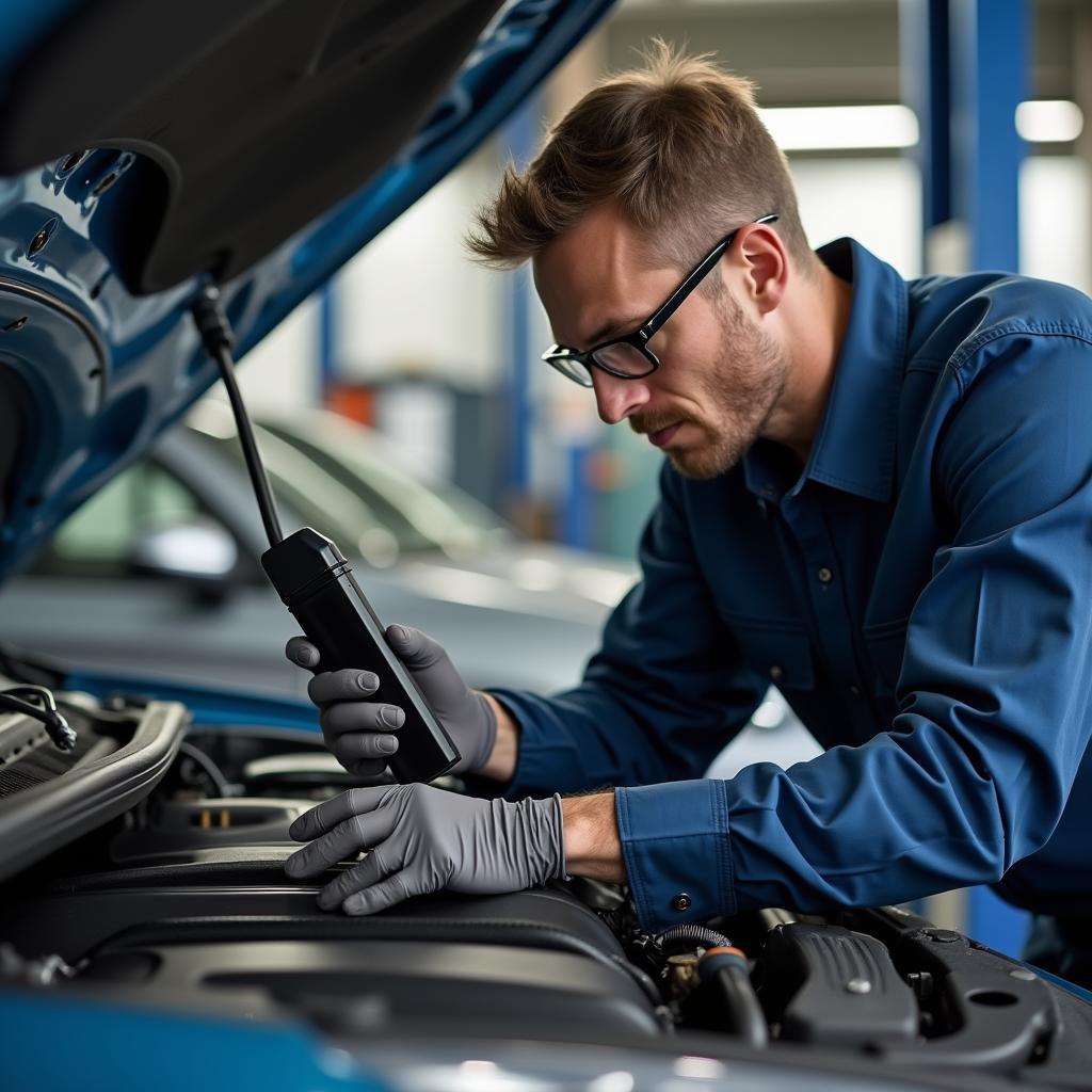 Mechanic inspecting car engine with a diagnostic tool