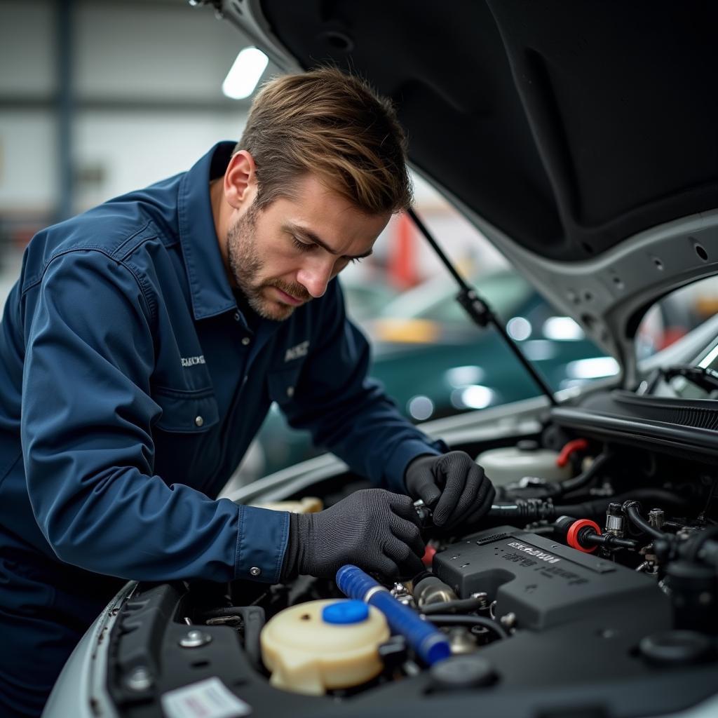 Mechanic Inspecting a Car Engine