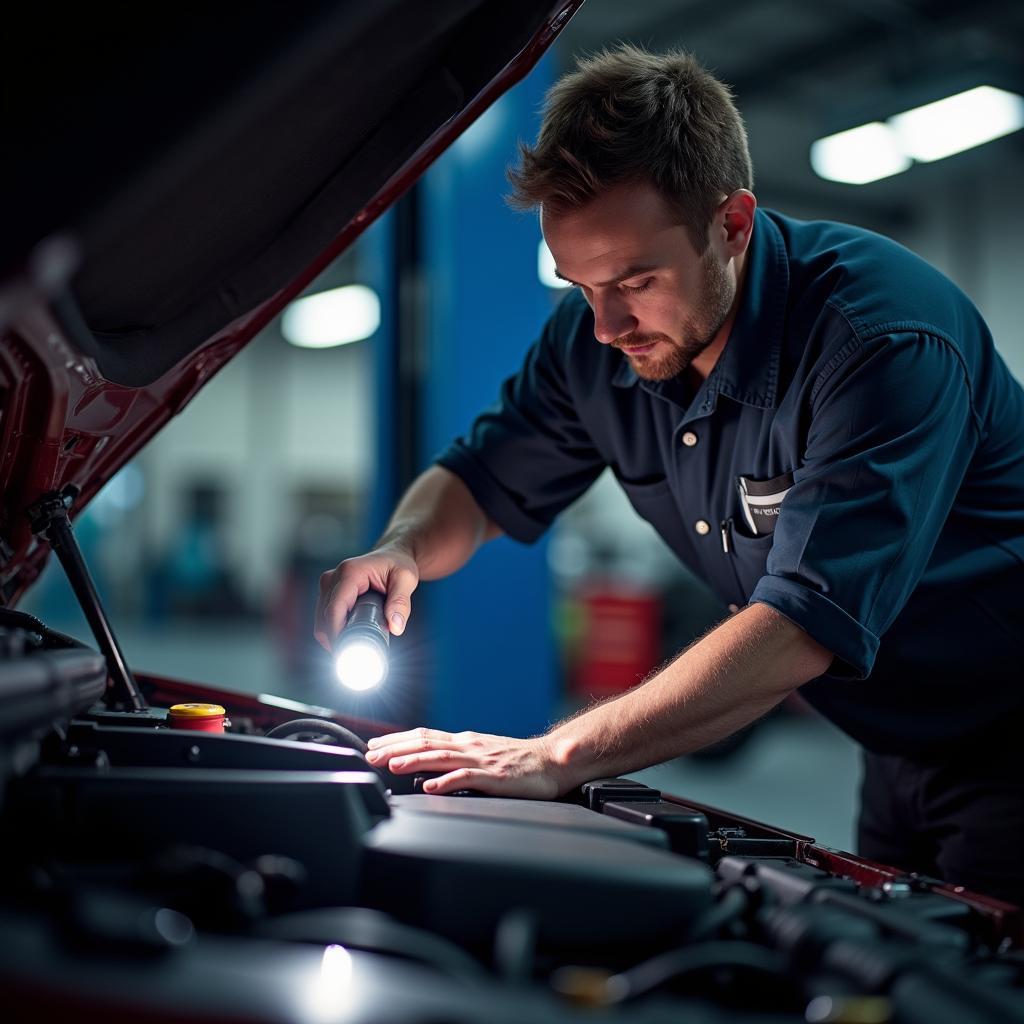 Close-up of a mechanic checking the engine of a car in Kerala