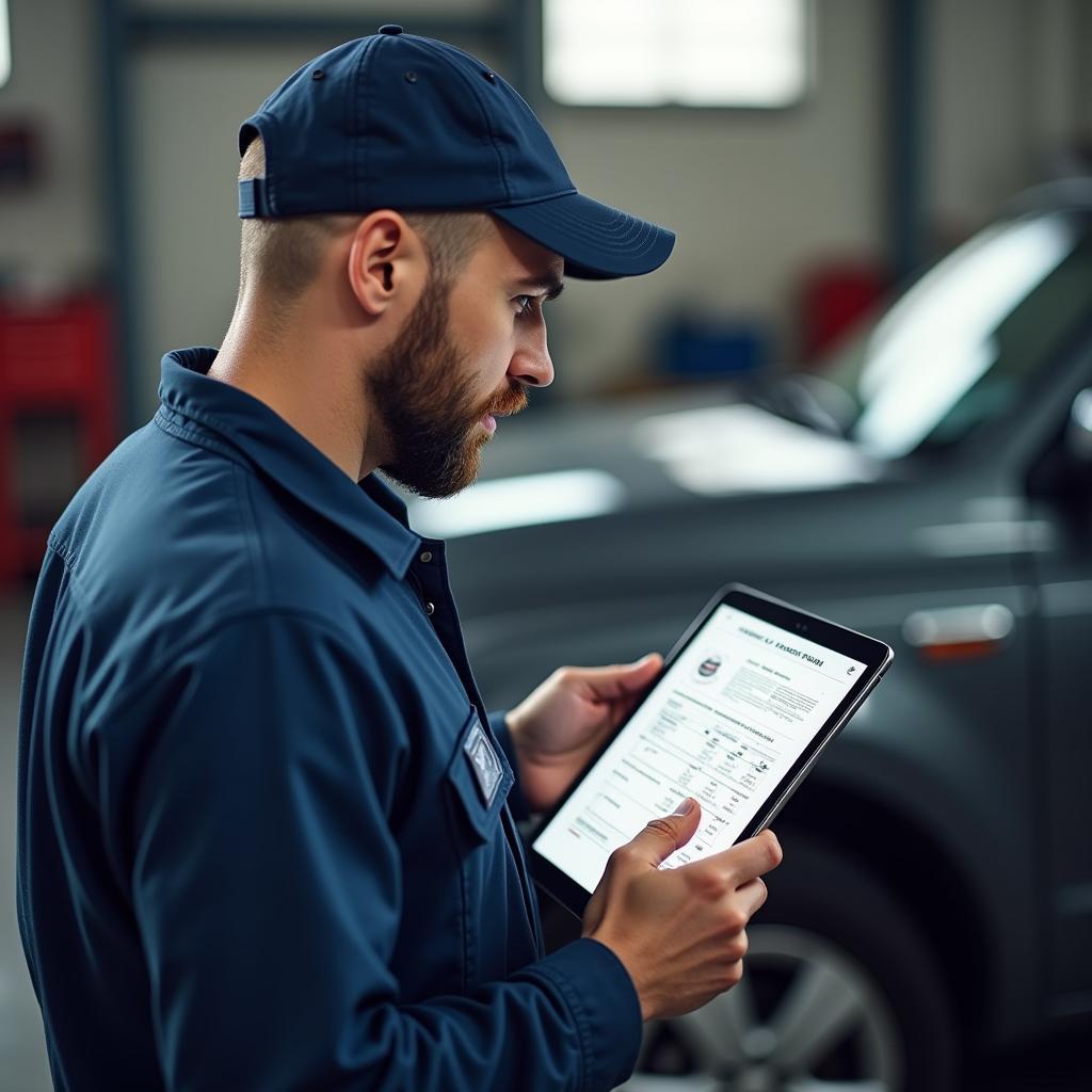 Mechanic Inspecting Car Records