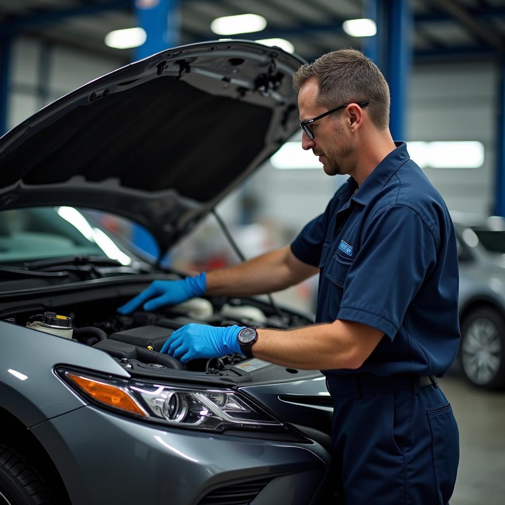 Mechanic Inspecting Car Service History