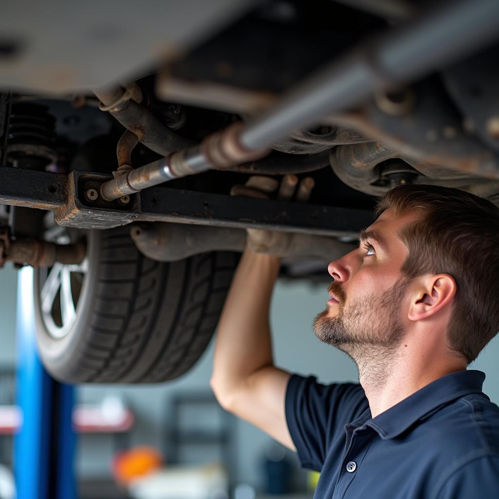 Mechanic Inspecting Car Undercarriage