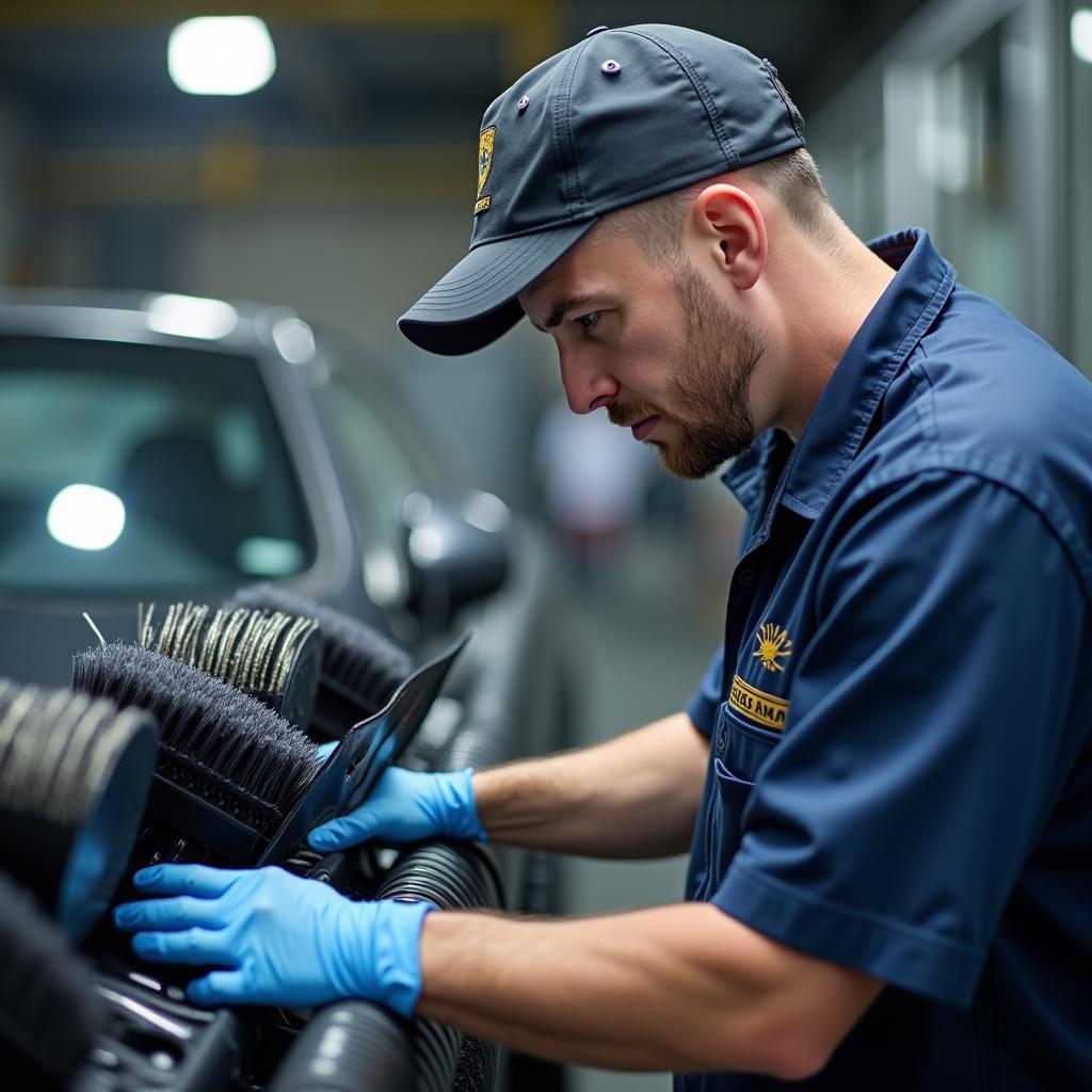 Mechanic Inspecting Car Wash Brushes