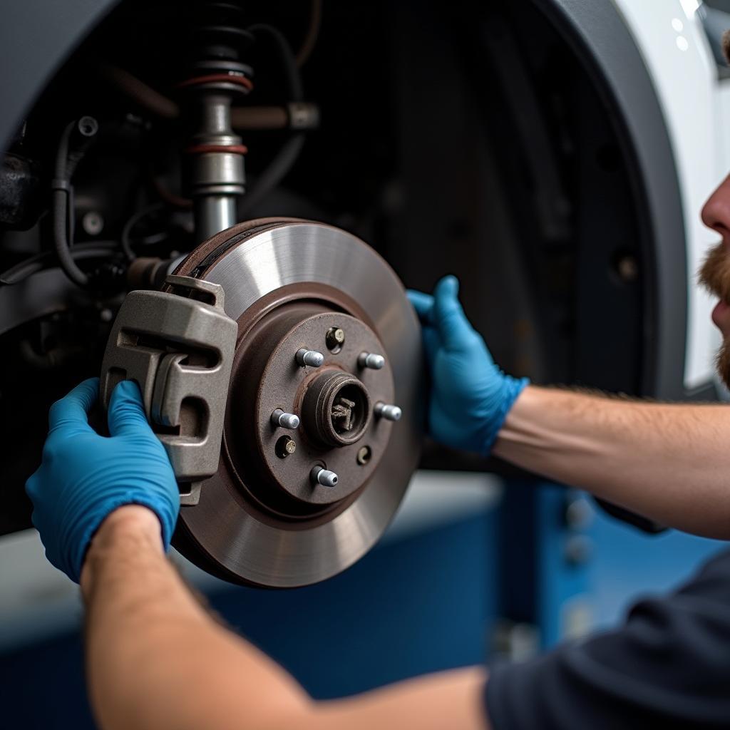 Mechanic Checking Brake System on a Honda